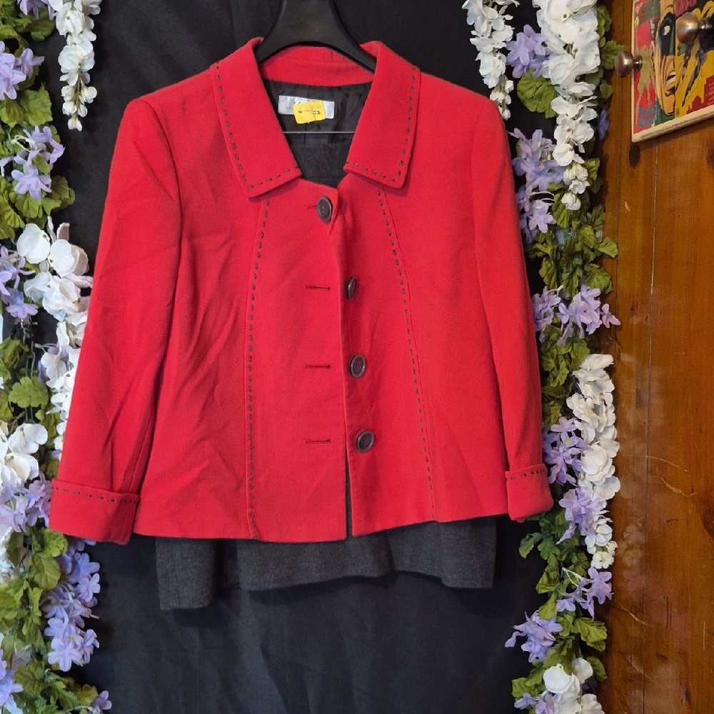 Women's Red Button-Front Wool Blend Jacket And Skirt Set (2pc)